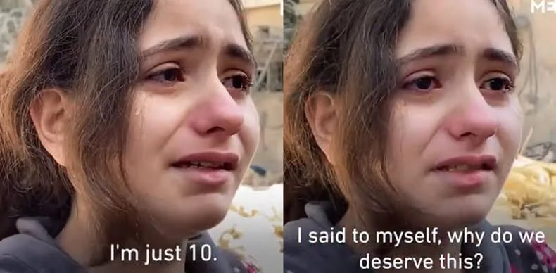 A Palestinian girl shares distress upon her home being bombarded