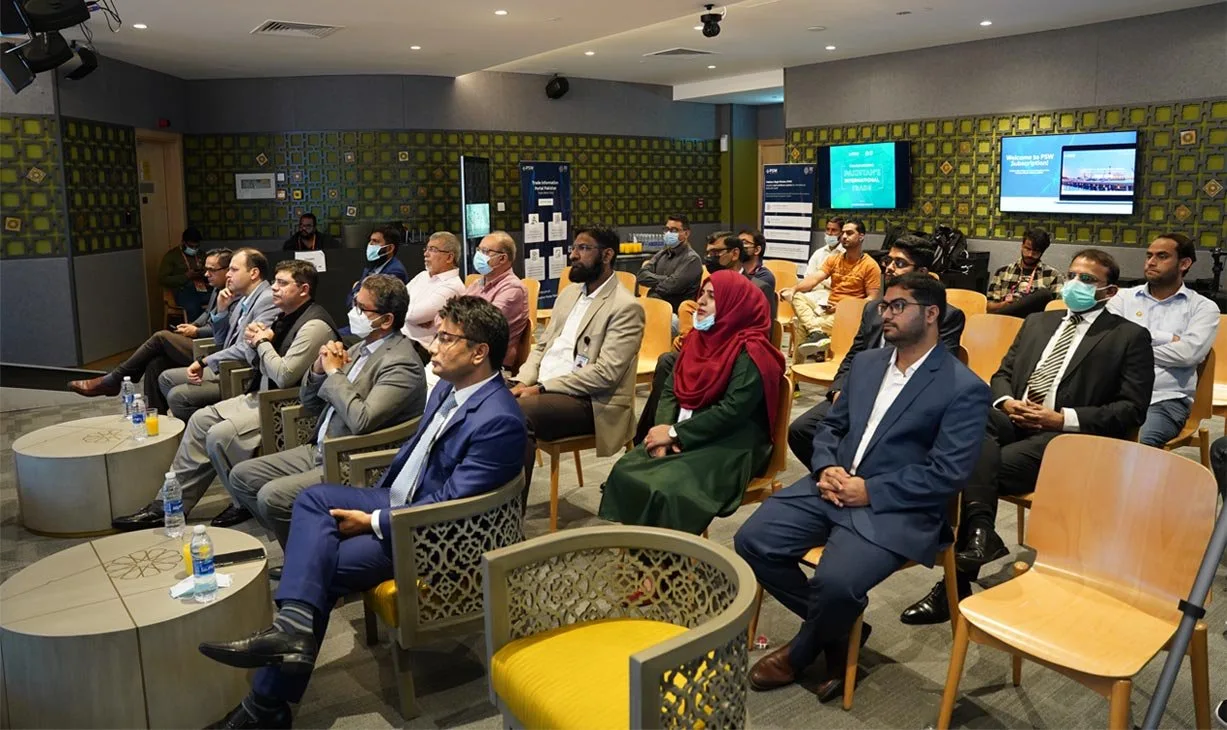 Guests and participants at Pakistan Pavilion listen to updates on Pakistan Single Window in an exclusive session
