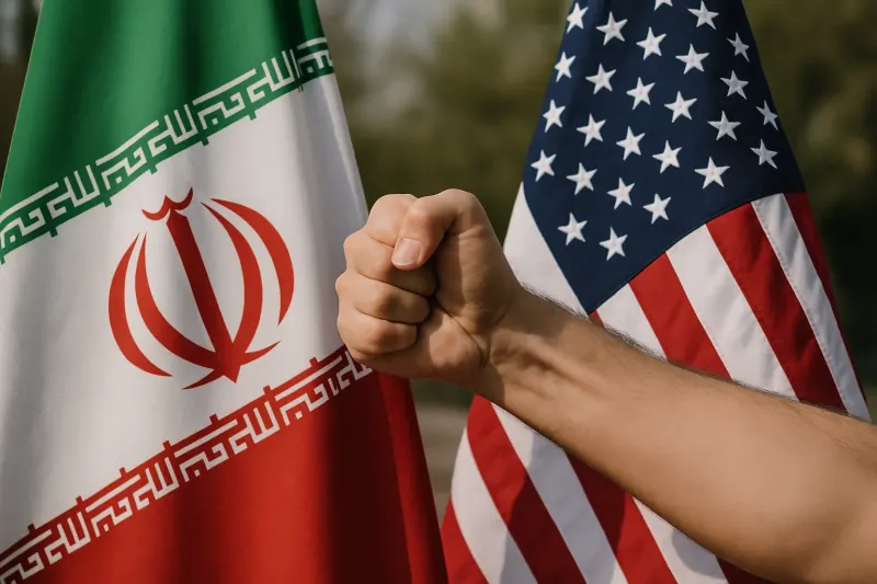 Show Iran and US flag and a hand in between for war.