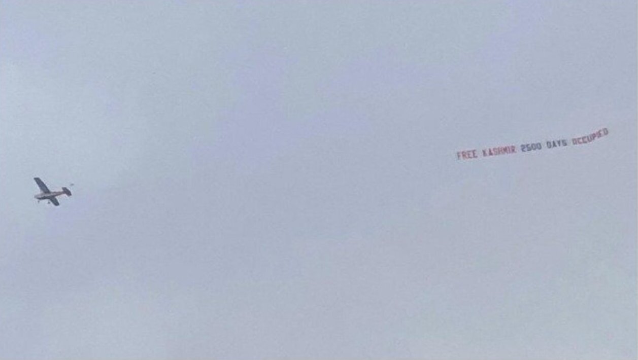 Plane with Free Kashmir Banner Flies over UK Football Stadium