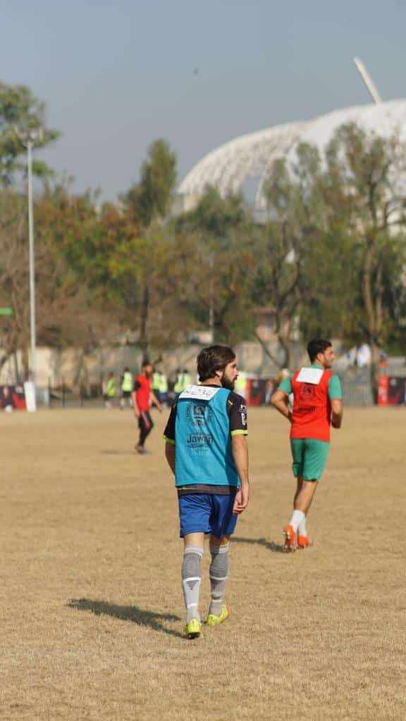 Players taking Football trials held in Peshawar under kamyab jawan sports drive