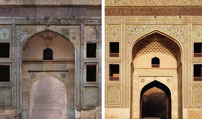 Front elevation of the Shah Burj Gate, before and after restoration.