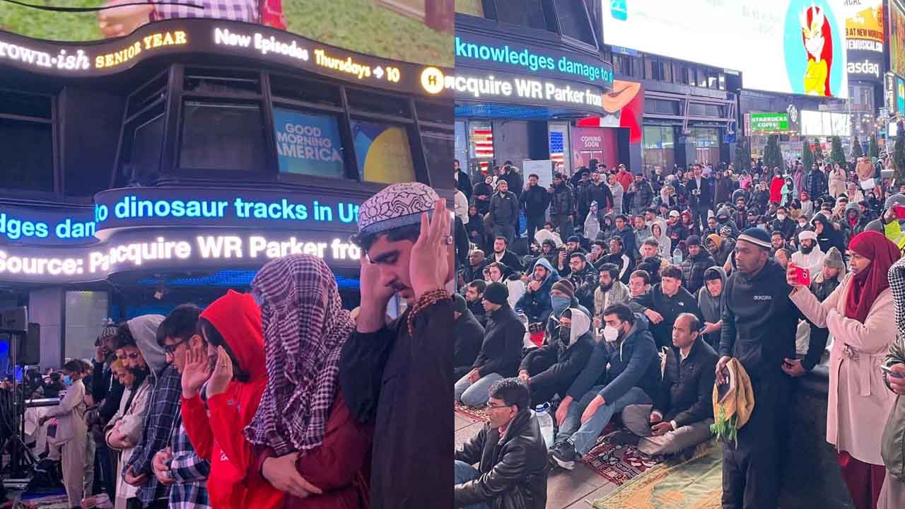 For the first time ever, Hundreds of Muslims perform Taraweeh prayer at Times Square, New York