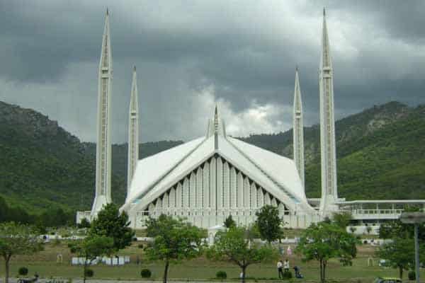 Faisal Mosque Front View with Margalla hills at the background