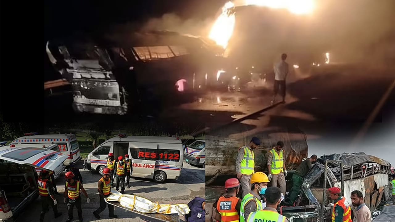 At least 20 killed, 6 injured in fiery bus-tanker collision on Multan-Sukkur Motorway